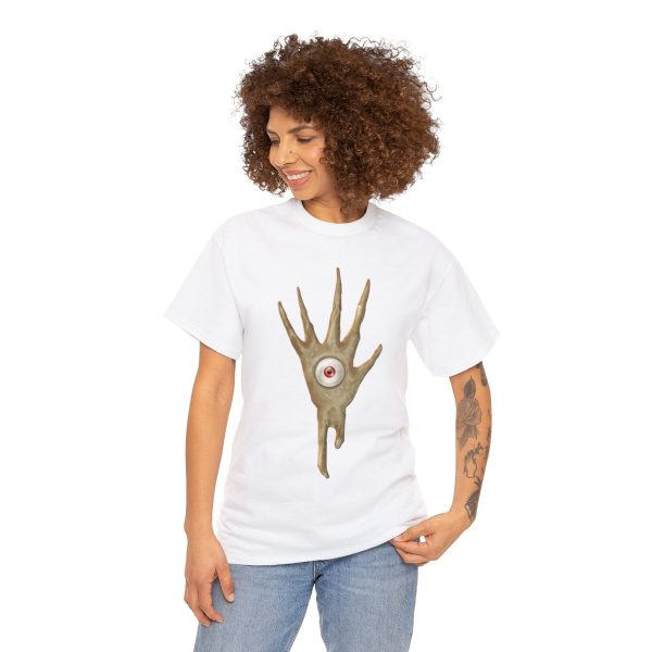 The symbol of Vecna, a hand with an eye in the palm, on a white shirt on a woman