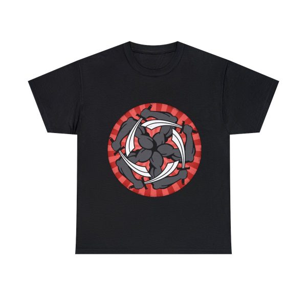 A pinwheel of five snaky arms clutching swords, the symbol of Garagos, on a black shirt