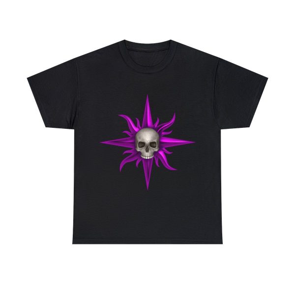 Jawless Skull on a Starburst, the symbol of Cyric, on a black shirt