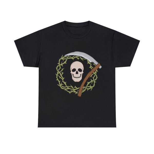 Skull and Scythe, the symbol of Nerull, on a black shirt