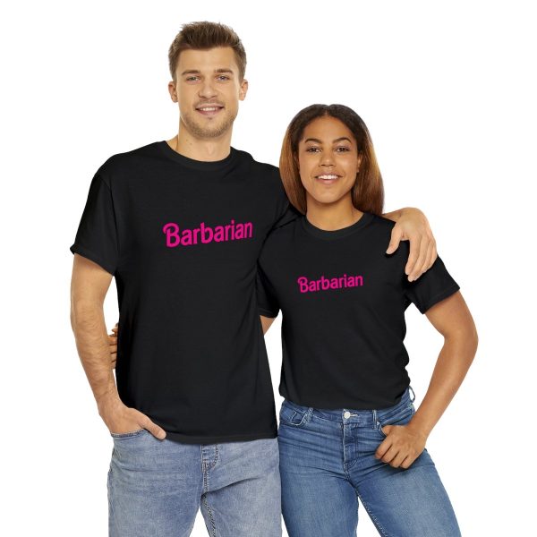 A barbie barbarian shirt, fun dungeons and dragons shirts, black and worn by a couple