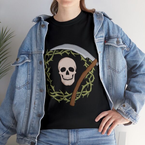 Skull and Scythe, the symbol of Nerull, on a black shirt under a jean jacket