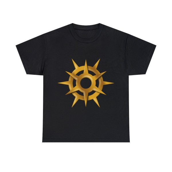 A black shirt with the symbol of Pelor, a golden sun, the god of the sun