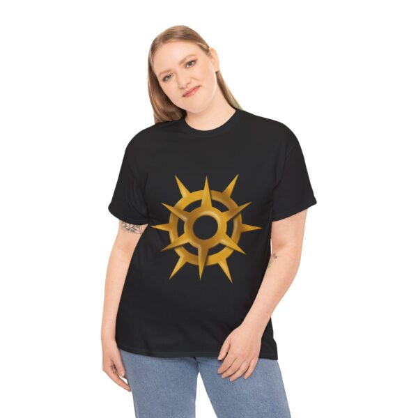 A black shirt with the symbol of Pelor, a golden sun, the god of the sun, worn by a blonde woman