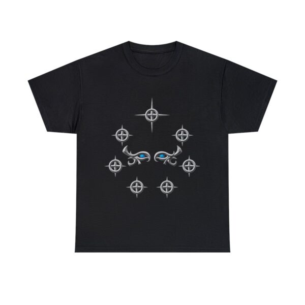 Selune's symbol, a pair of female eyes surrounded by seven silver stars, on a black shirt