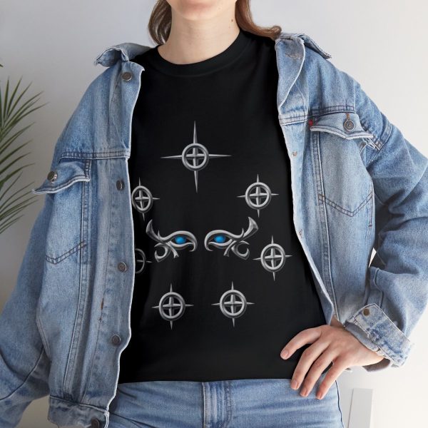 Selune's symbol, a pair of female eyes surrounded by seven silver stars, on a black shirt under a jacket