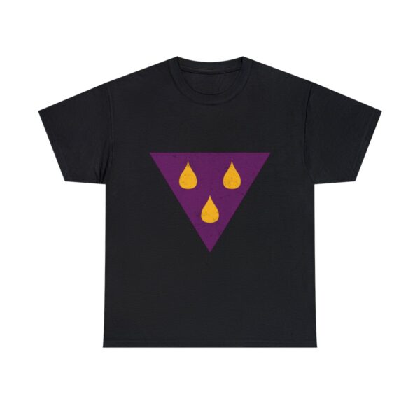 The symbol of talona, three amber teardrops on a purple triangle, on a black t-shirt