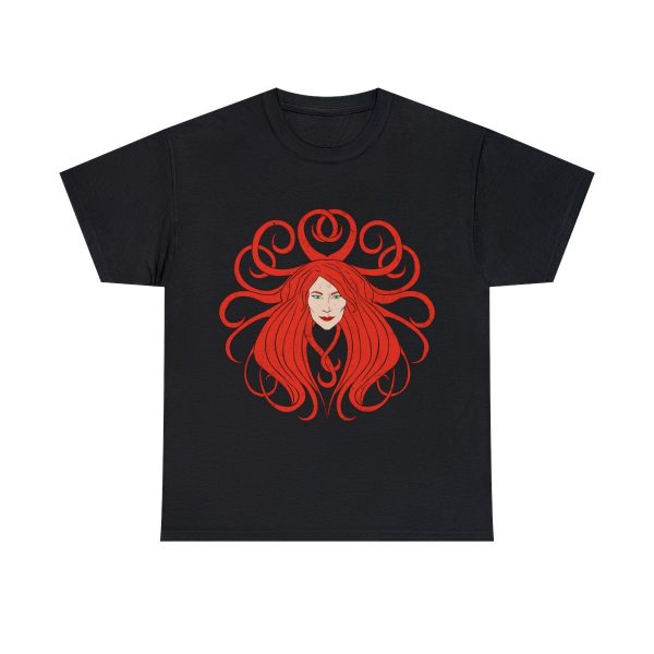 The symbol of Sune, the face of a red-haired, ivory-skinned beautiful woman, on a black t-shirt