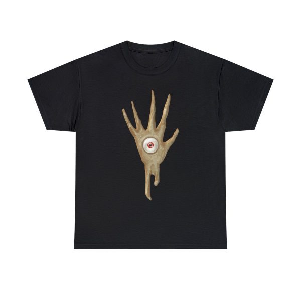The symbol of Vecna, a hand with an eye in the palm, on a black shirt