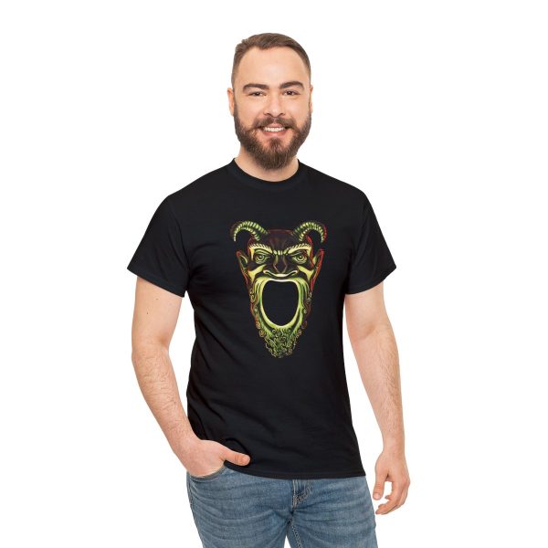 A shirt with the symbol of Acererak, the face of a demon with a gaping maw, a favorite DnD villain, on a black shirt worn by a man