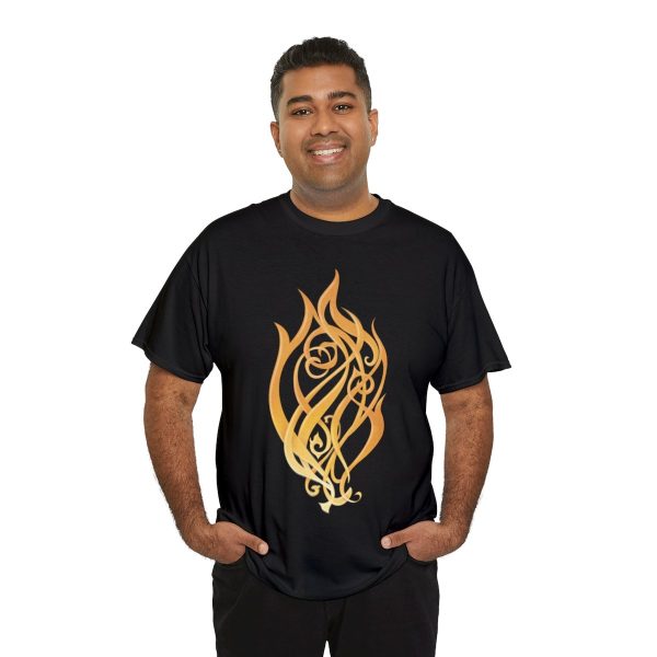 A shirt with the symbol of Kossuth, the Elemental Lord of Fire, on black worn by a man