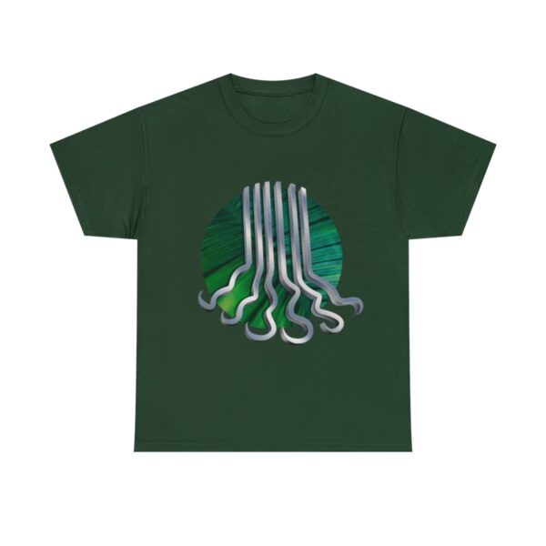 Silver Water, the symbol of Eldath, on a forest green shirt
