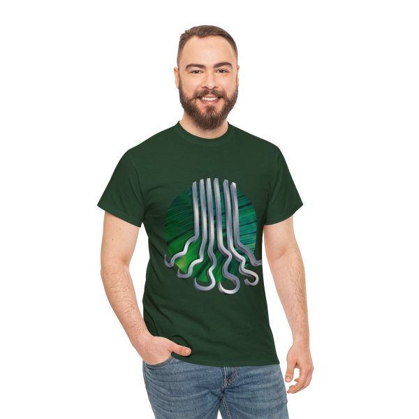 Silver Water, the symbol of Eldath, on a forest green shirt on a guy