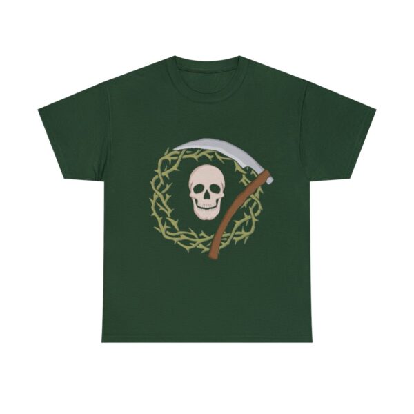 Skull and Scythe, the symbol of Nerull, on a forest green shirt