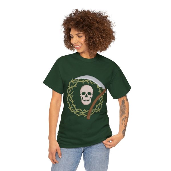 Skull and Scythe, the symbol of Nerull, on a forest green shirt on a woman