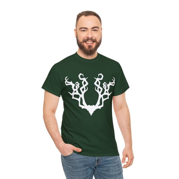 Gnarled Antlers, the symbol of Beshaba, in a forest green shirt on a guy