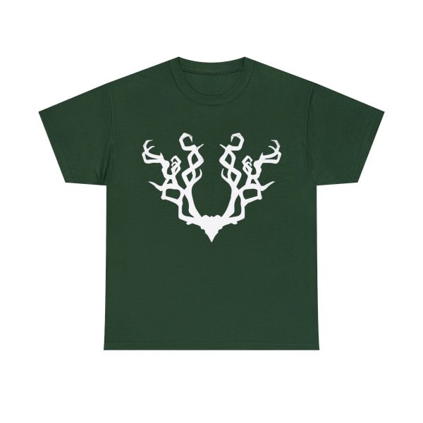 Gnarled Antlers, the symbol of Beshaba, in a forest green shirt
