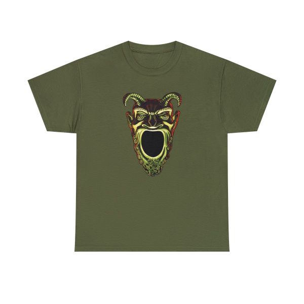 A shirt with the symbol of Acererak, the face of a demon with a gaping maw, a favorite DnD villain, on a military green shirt
