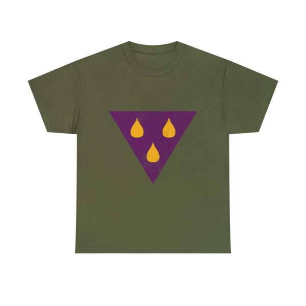 The symbol of talona, three amber teardrops on a purple triangle, on a military green t-shirt