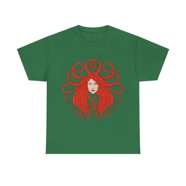 The symbol of Sune, the face of a red-haired, ivory-skinned beautiful woman, on a forest green t-shirt