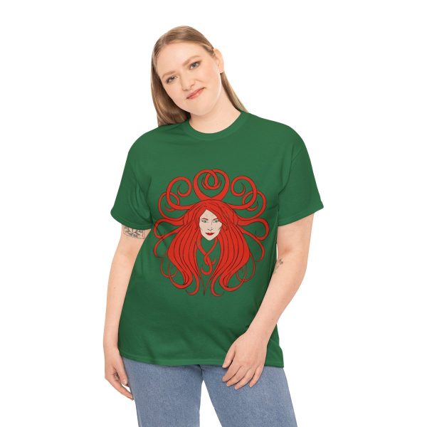 The symbol of Sune, the face of a red-haired, ivory-skinned beautiful woman, on a forest green t-shirt on a woman