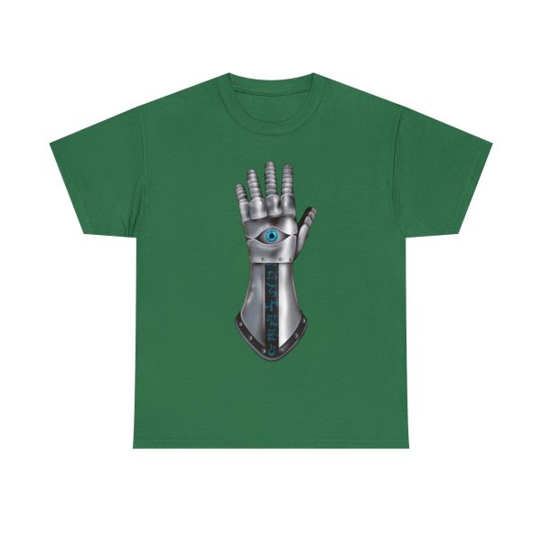 Gauntlet with an Eye, the Symbol of Helm, on a forest green shirt