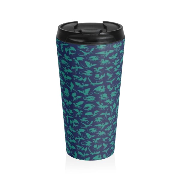 Blue and Green Stainless Steel Travel Mug covered in fantasy dragons. Cap off. Back