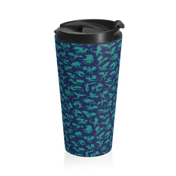 Blue and Green Stainless Steel Travel Mug covered in fantasy dragons. Cap off. Side