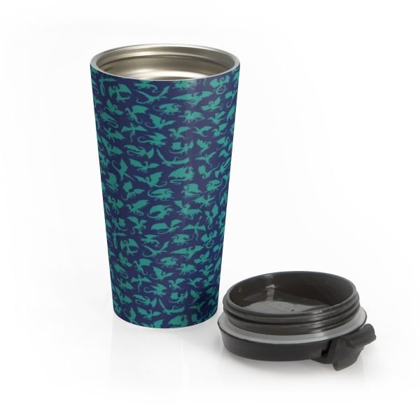 Blue and Green Stainless Steel Travel Mug covered in fantasy dragons. Cap off.