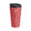 Red Stainless Steel Travel Mug covered in DnD goodies, such as weapons, spells and other fantasy items. Side
