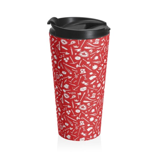 Red Stainless Steel Travel Mug covered in DnD goodies, such as weapons, spells and other fantasy items. Side