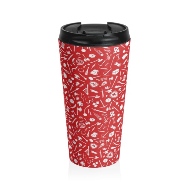 Red Stainless Steel Travel Mug covered in DnD goodies, such as weapons, spells and other fantasy items. Back