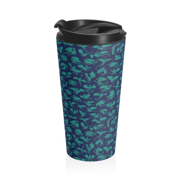 Blue and Green Stainless Steel Travel Mug covered in fantasy dragons. Cap off. Side 2