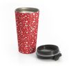 Red Stainless Steel Travel Mug covered in DnD goodies, such as weapons, spells and other fantasy items. Cap off.