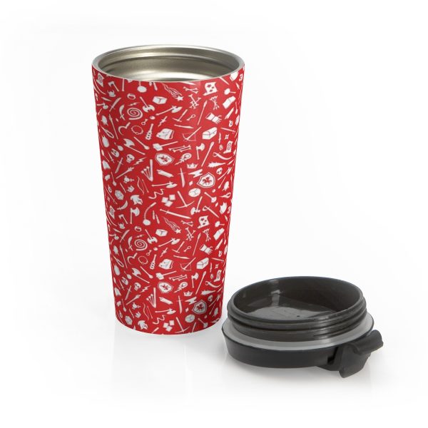 Red Stainless Steel Travel Mug covered in DnD goodies, such as weapons, spells and other fantasy items. Cap off.