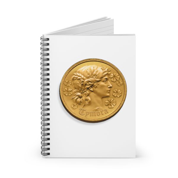A spiral notebook with a symbol of Tymora, a gold coin, front open