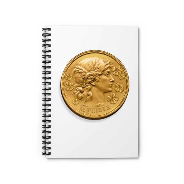 A spiral notebook with a symbol of Tymora, a gold coin, front