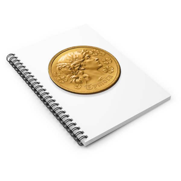 A spiral notebook with a symbol of Tymora, a gold coin, angled