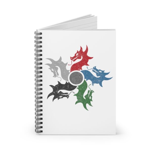 notebook with the symbol of tiamat, a 5-headed dragon, front open