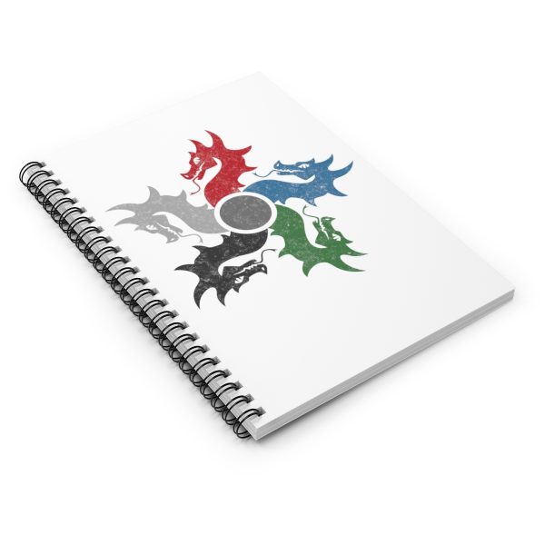 notebook with the symbol of tiamat, a 5-headed dragon, angled