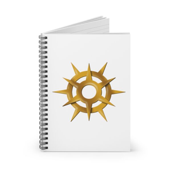 Spiral notebook with the symbol of Pelor, a gold sun burst, front open