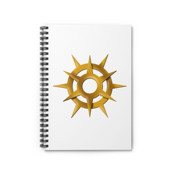 Spiral notebook with the symbol of Pelor, a gold sun burst, front