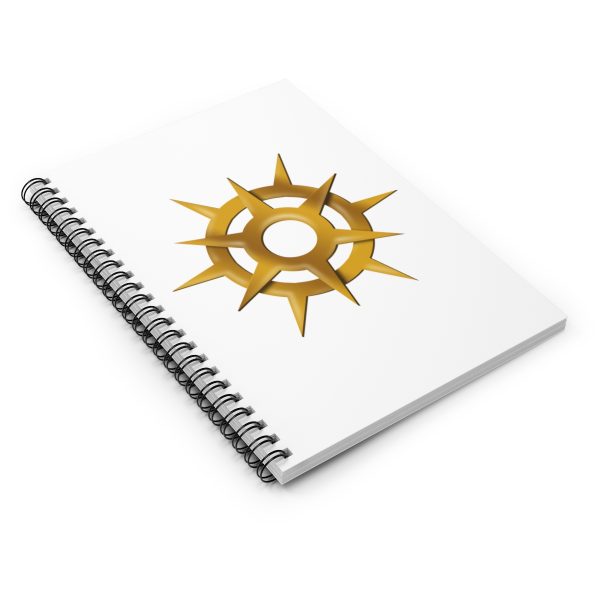 Spiral notebook with the symbol of Pelor, a gold sun burst, angled