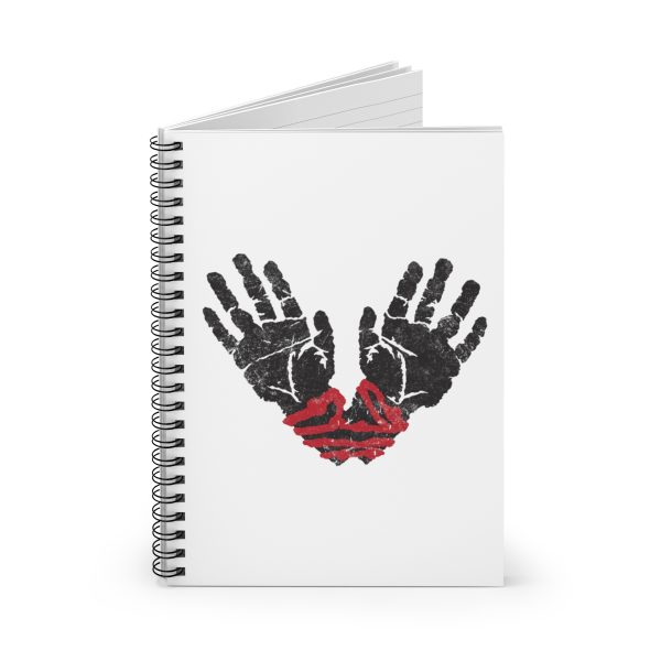spiral notebook with the symbol of ilmater, hands bound with a red cord, open front