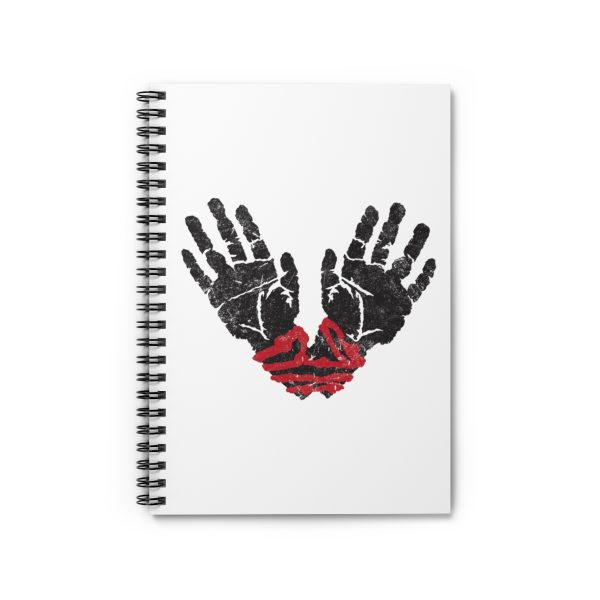spiral notebook with the symbol of ilmater, hands bound with a red cord, front