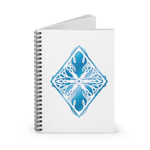 The symbol of Auril, a blue white diamond snowflake, on a notebook, front open