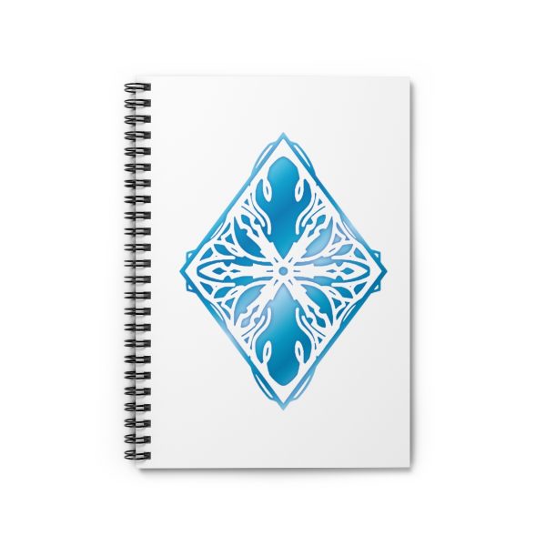 The symbol of Auril, a blue white diamond snowflake, on a notebook, front