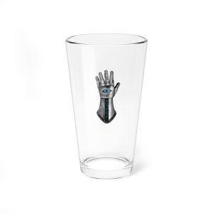 16 oz pint glass with the dnd symbol of Helm, fantasy deity of dungeons and dragons, front