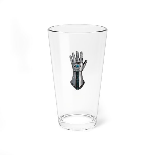 16 oz pint glass with the dnd symbol of Helm, fantasy deity of dungeons and dragons, front