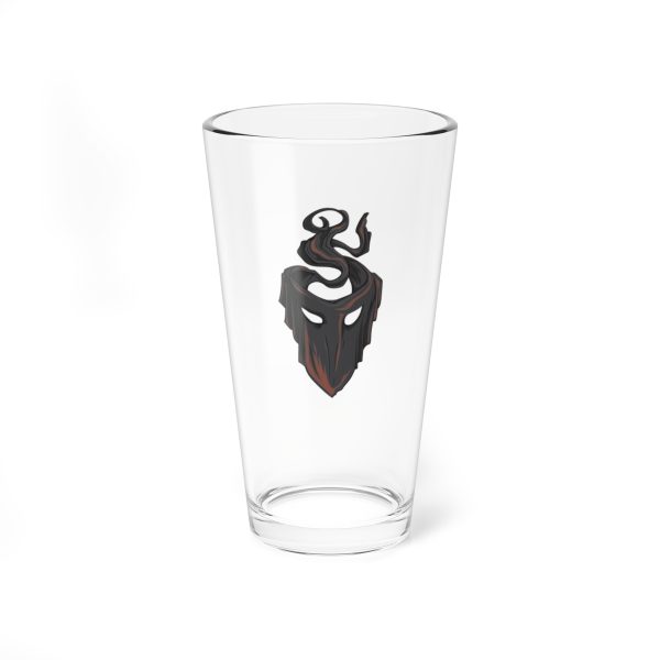 16 oz pint glass with the dnd symbol of Mask, fantasy deity of dungeons and dragons rogues and thieves, front